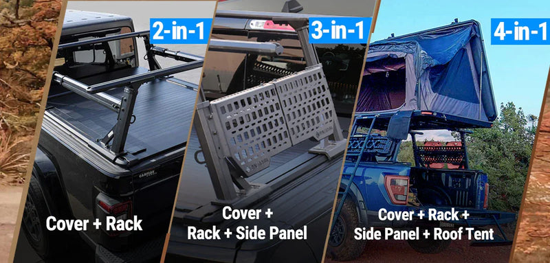 Collage of a truck bed cover system with different configurations labeled 2-in-1, 3-in-1, and 4-in-1.