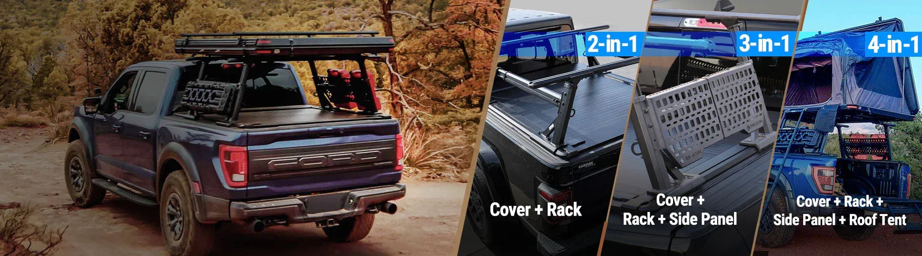 Collage of a truck with a cover and rack system, showing different components.