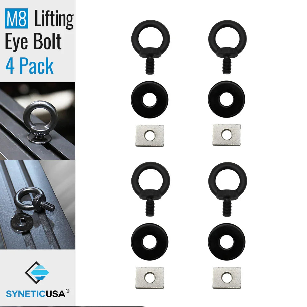 M8 Lifting Eye Bolt set with four pack on a white background, featuring SYNETICUSA