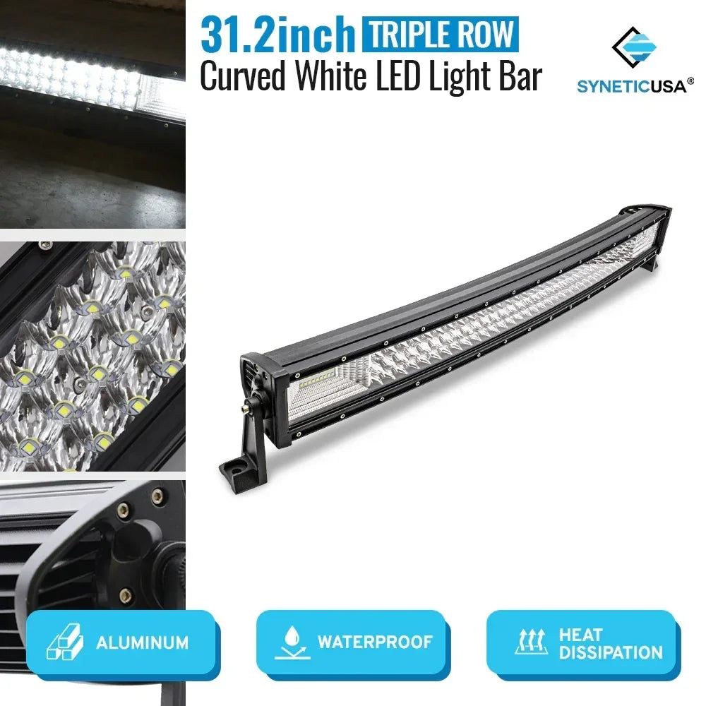 An LED light bar with triple rows of LEDs, showing different beam patterns, mounted on a black bracket with a die-cast aluminum housing.