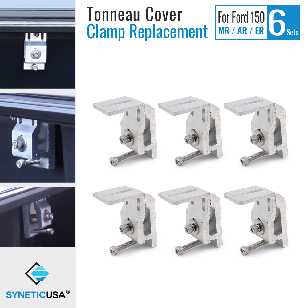 Syneticusa tonneau cover clamp replacements, consisting of six sets of clamps, suitable for MR, AR, ER retractable types. The image shows the clamps in silver with the brand logo.