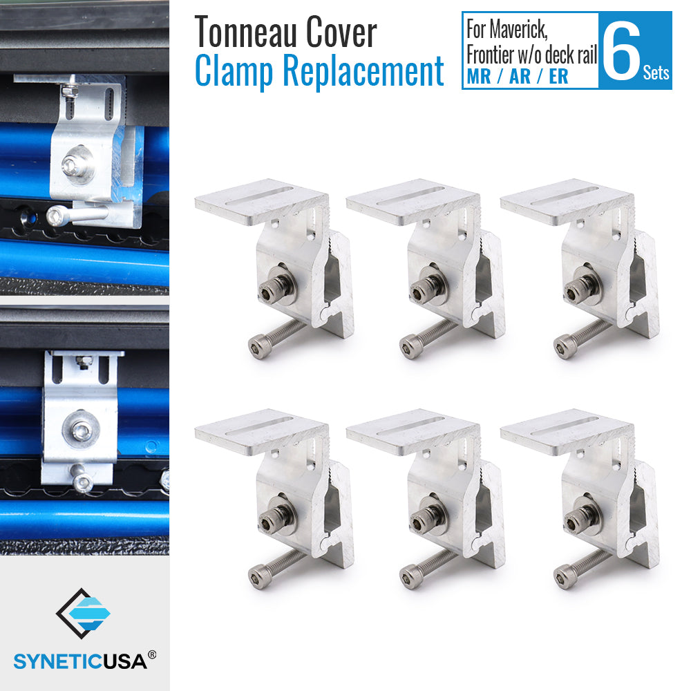 Syneticusa tonneau cover clamp replacements, consisting of six sets of clamps, suitable for MR, AR, ER retractable types. The image shows the clamps in silver and black colors with the brand logo.