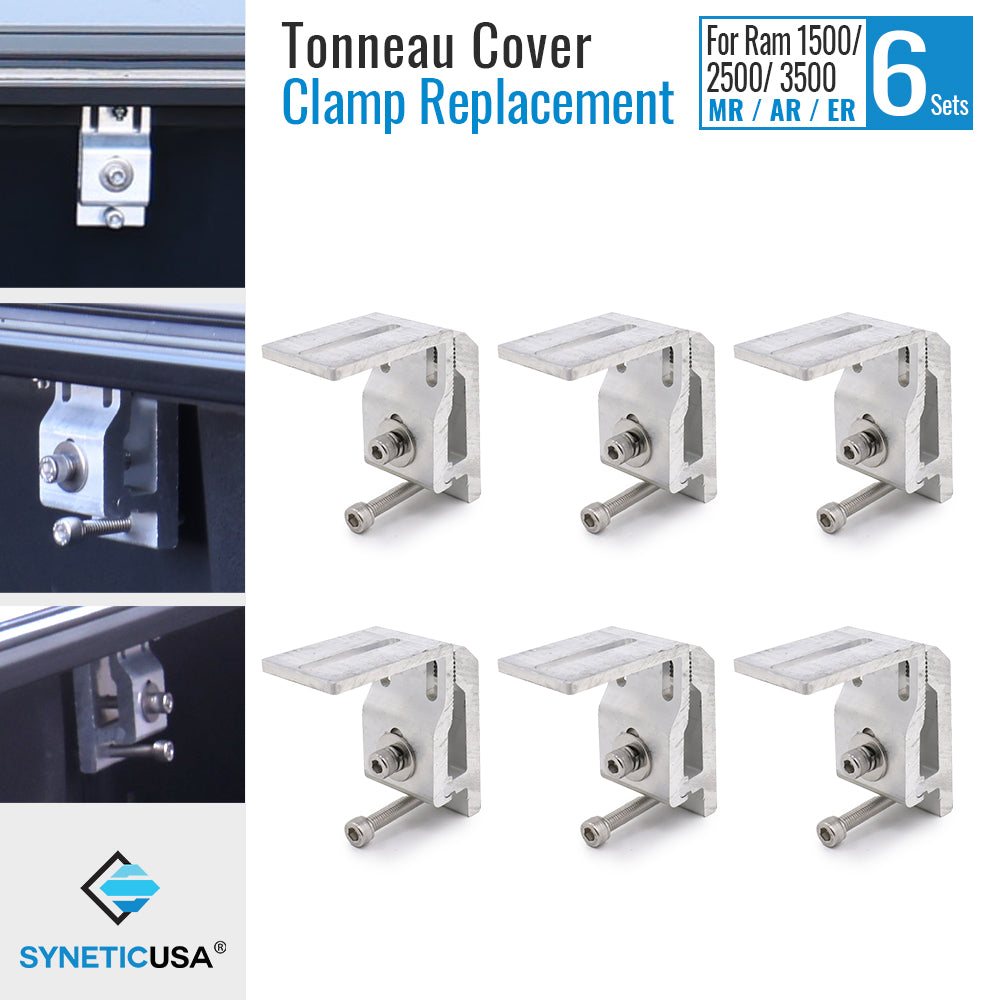 Syneticusa tonneau cover clamp replacements, consisting of six sets of clamps, suitable for MR, AR, ER retractable types. The image shows the clamps in silver and black colors with the brand logo.