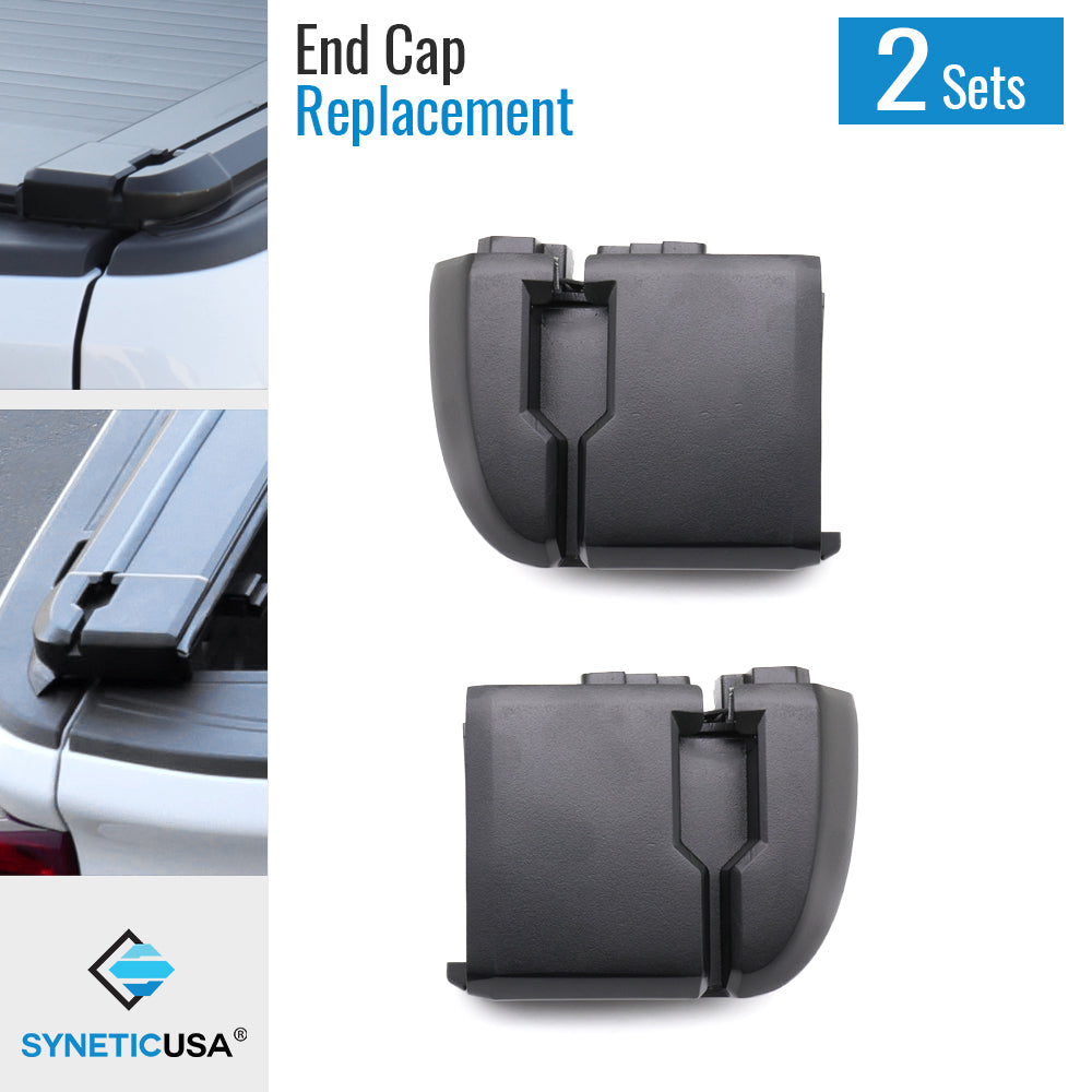 The image shows a pair of black aluminum end caps for a retractable tonneau cover, with foam tape and screws. The end caps are designed to be replacement parts for the cover's rails.