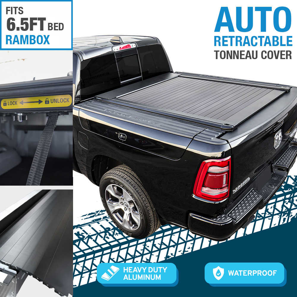 Auto retractable tonneau cover for a rambox truck bed with features highlighted.