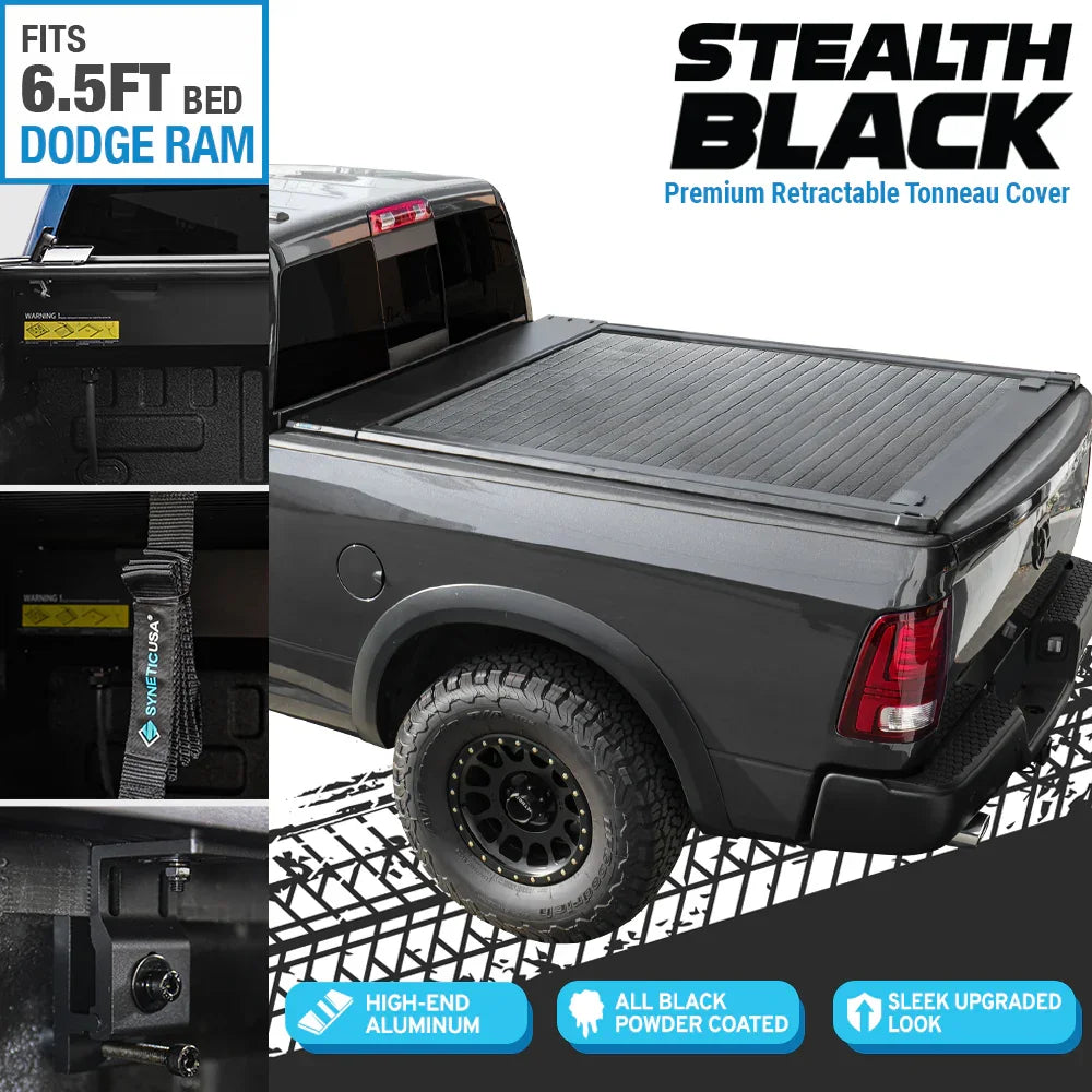 stealth black premium edition retractable tonneau cover installed on grey Ram 2500