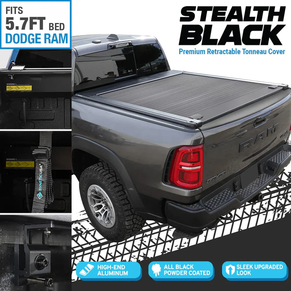 stealth black premium edition retractable tonneau cover installed on grey Ram 1500 RHO