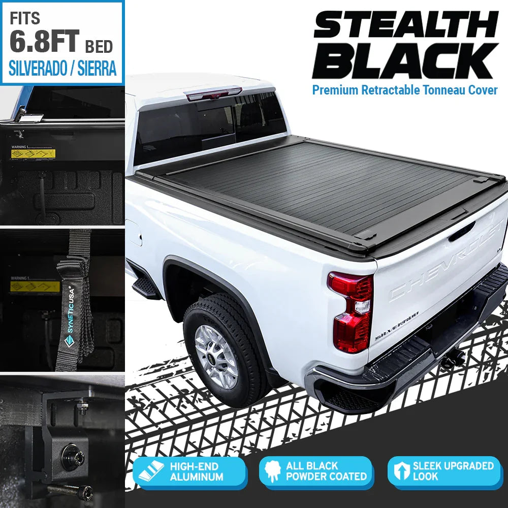 stealth black premium edition retractable tonneau cover installed on white silverado 2500 LT