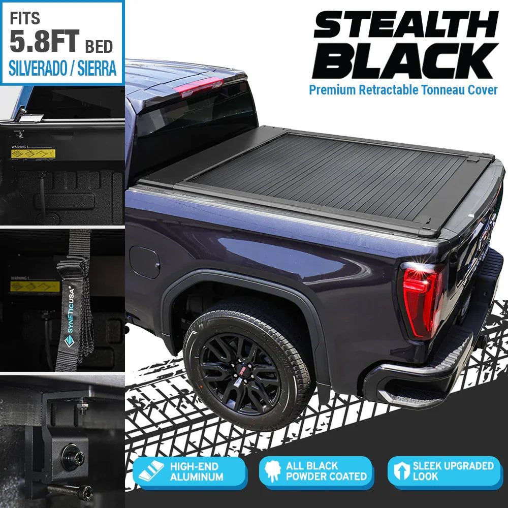 stealth black premium edition retractable tonneau cover installed on metallic blue GMC Sierra