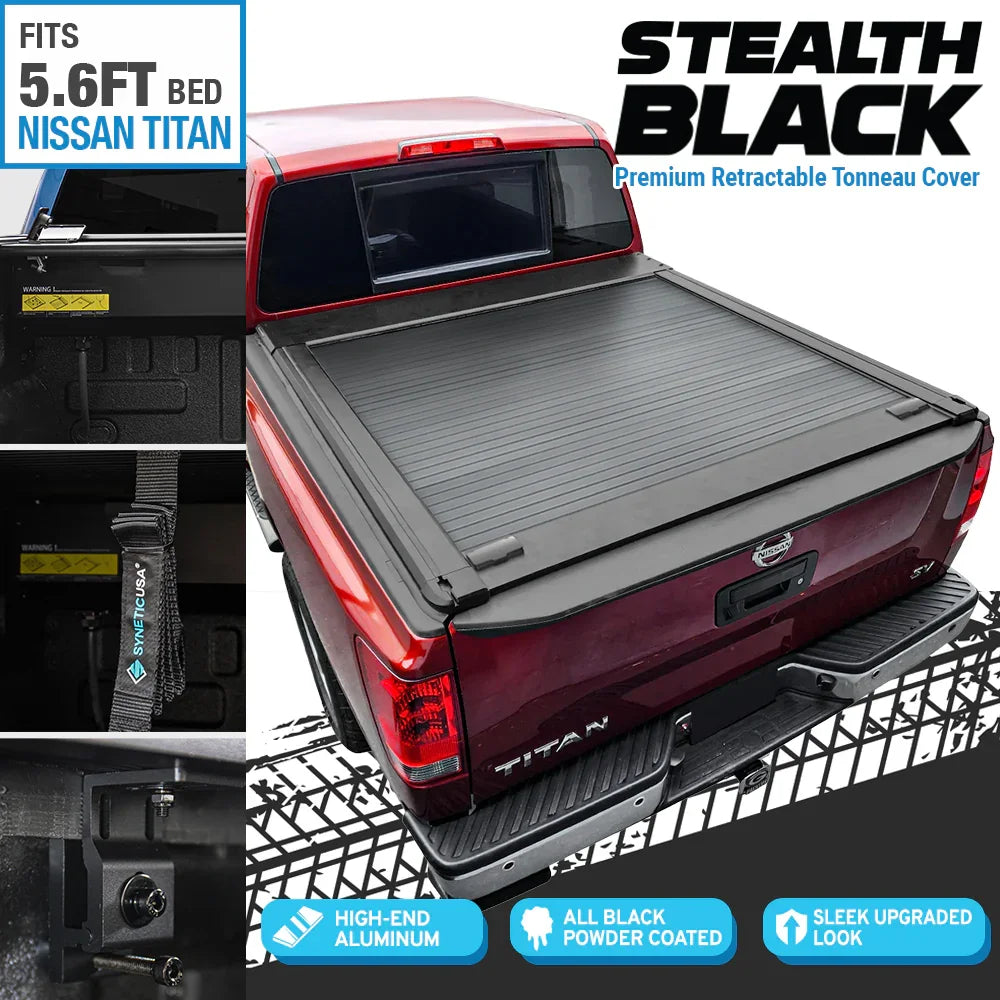 stealth black premium edition retractable tonneau cover installed on red Nissan Titan