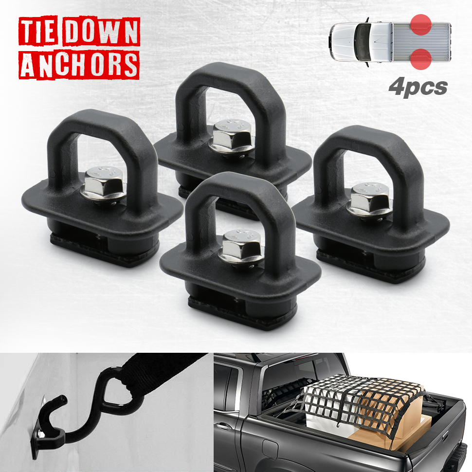four black universal truck cargo tie down anchor hooks mounted on a white background, with a depiction of how they can be used on a truck bed to secure cargo.