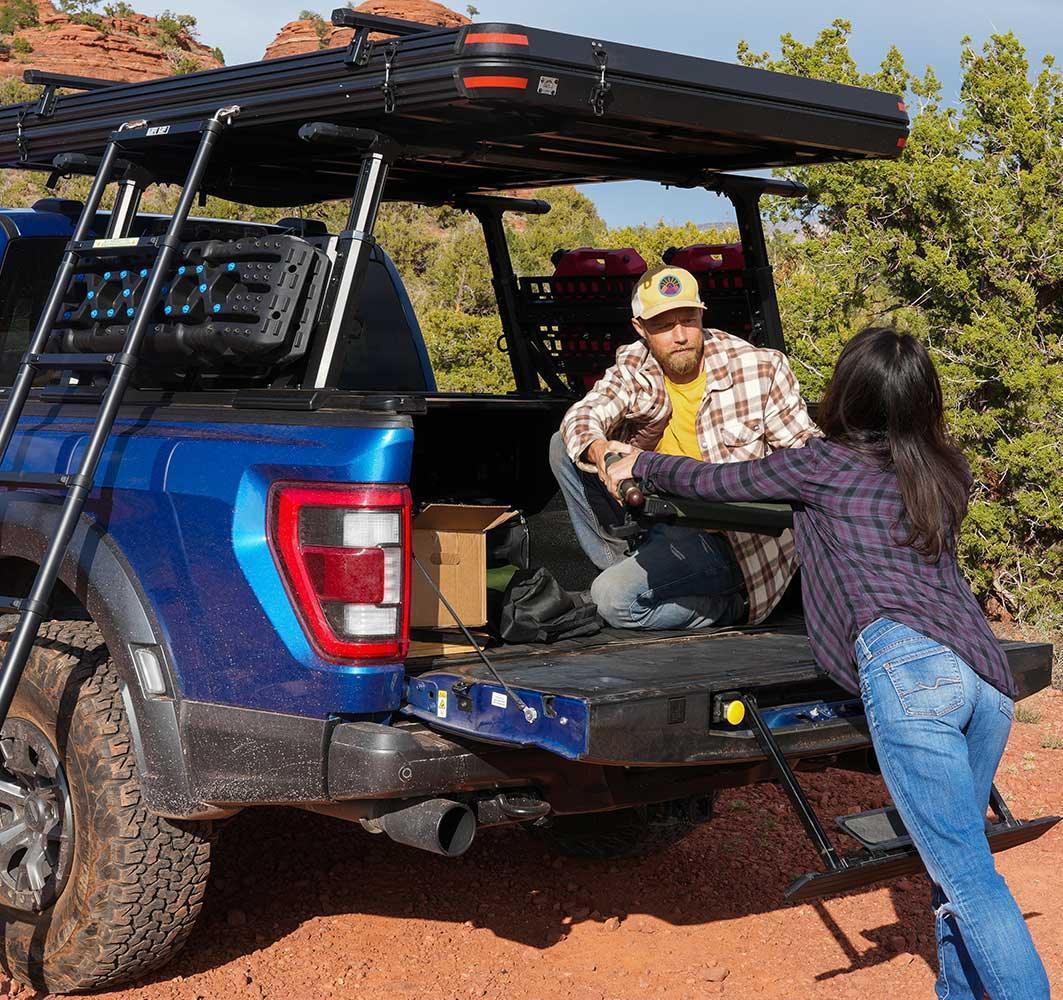 full gears traction board, gas tank, roof top tent on syneticusa rack with side panels installed on Ford F-150 Raptor