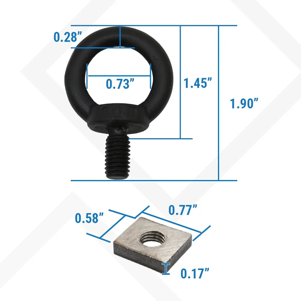 Black eye bolt and metal nut with measurements on a white background