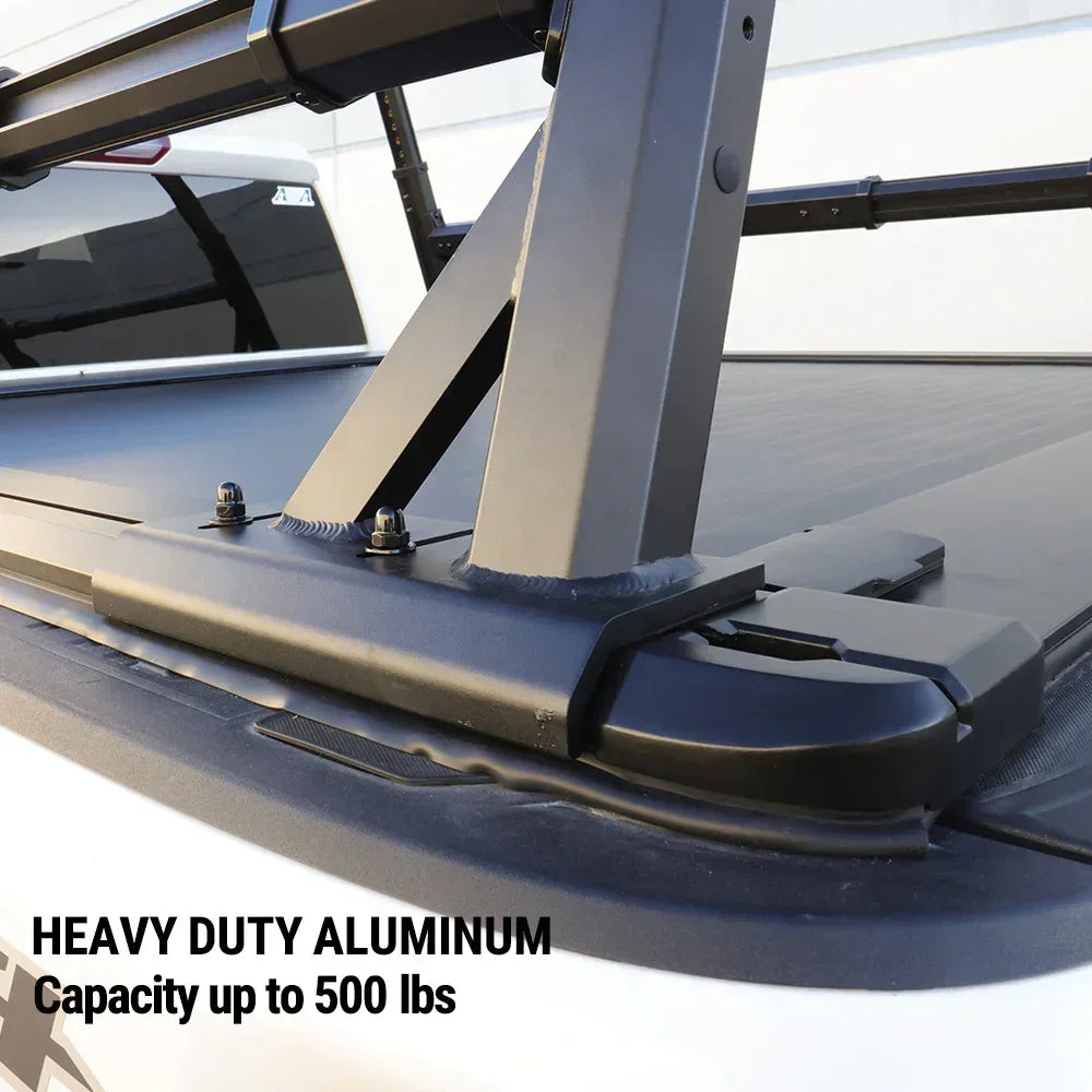 Heavy-duty aluminum roof rack system on a vehicle with text indicating capacity.