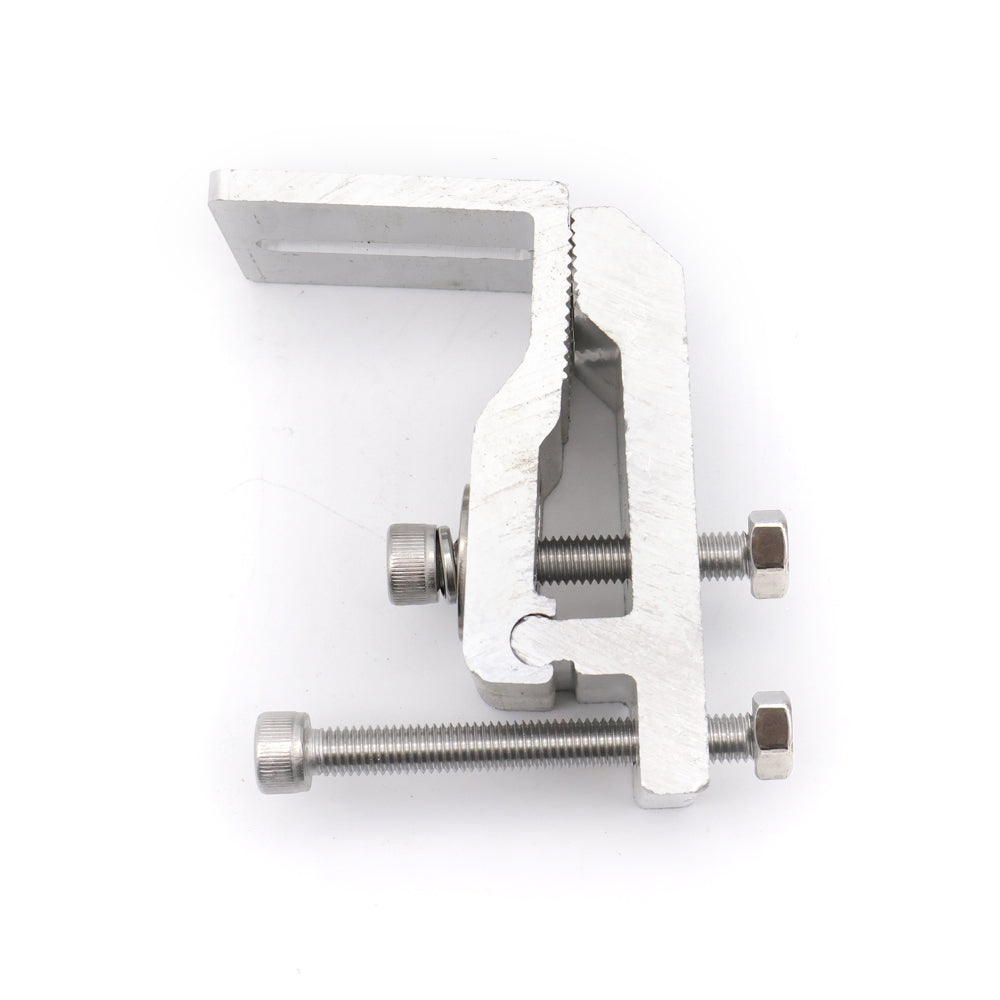 close up view of silver L-clamps, side view