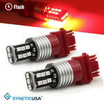 Two 3157 red LED bulbs with a flash symbol and SYNETICUSA logo.