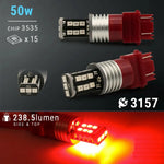3157 RED LED light bulbs with specifications on a dark background