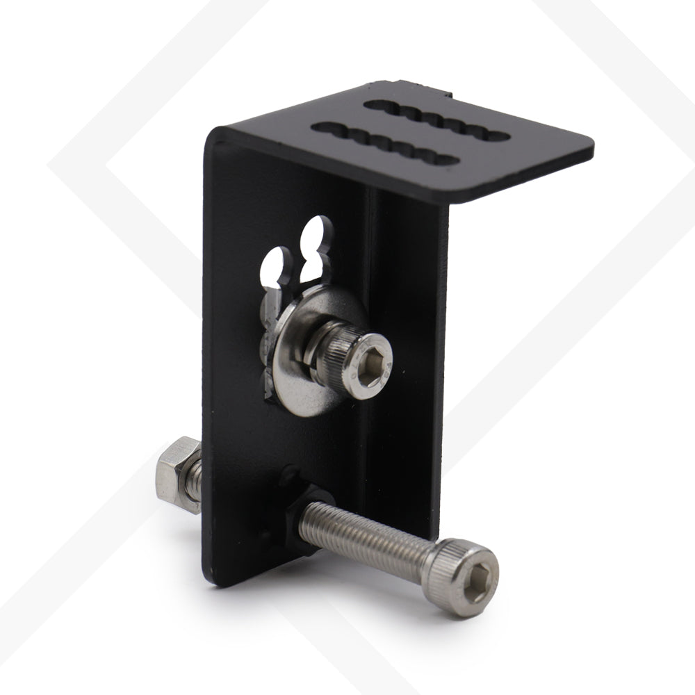 close up view of Tacoma's L-clamps, 45 degree view