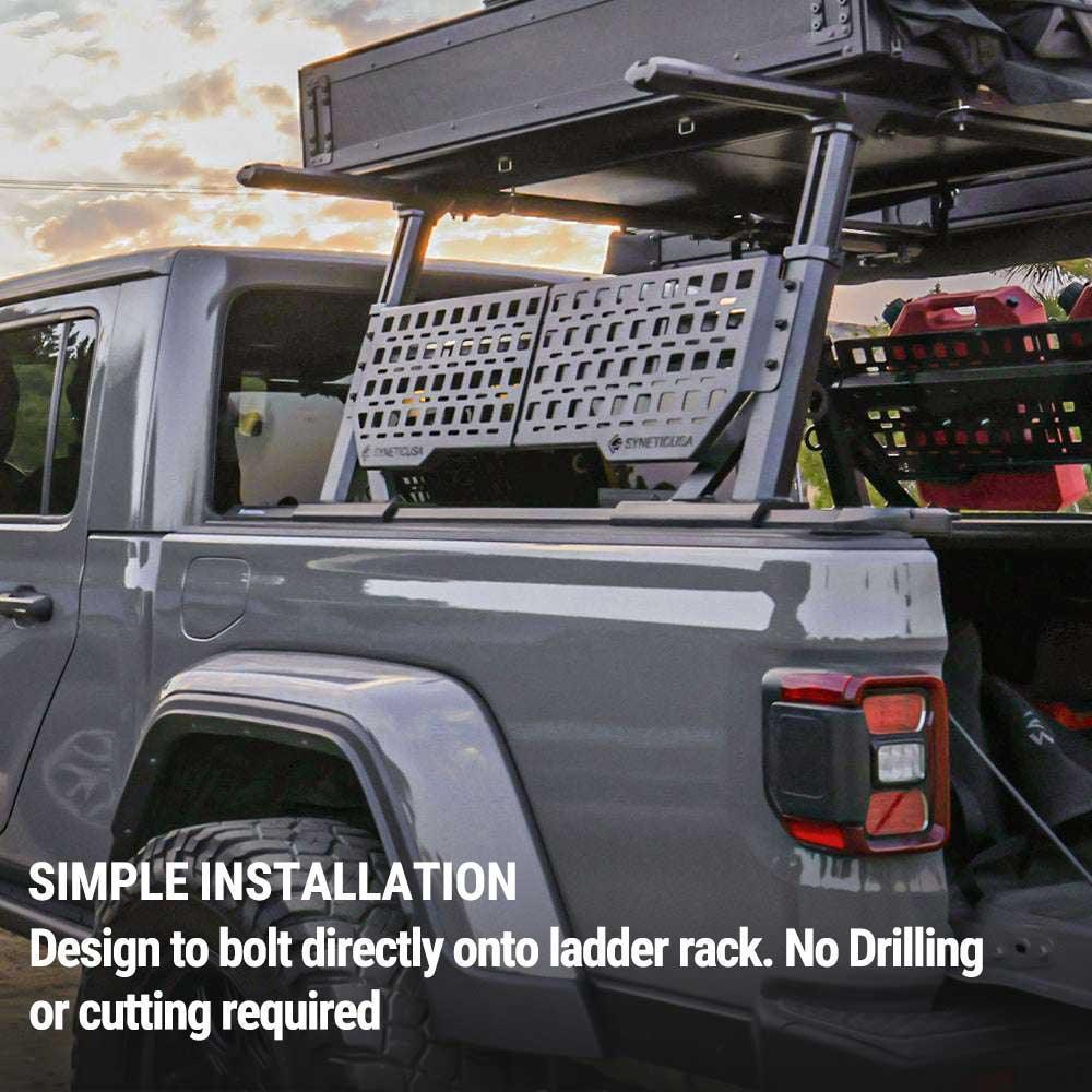 Truck bed with storage rack and text about installation
