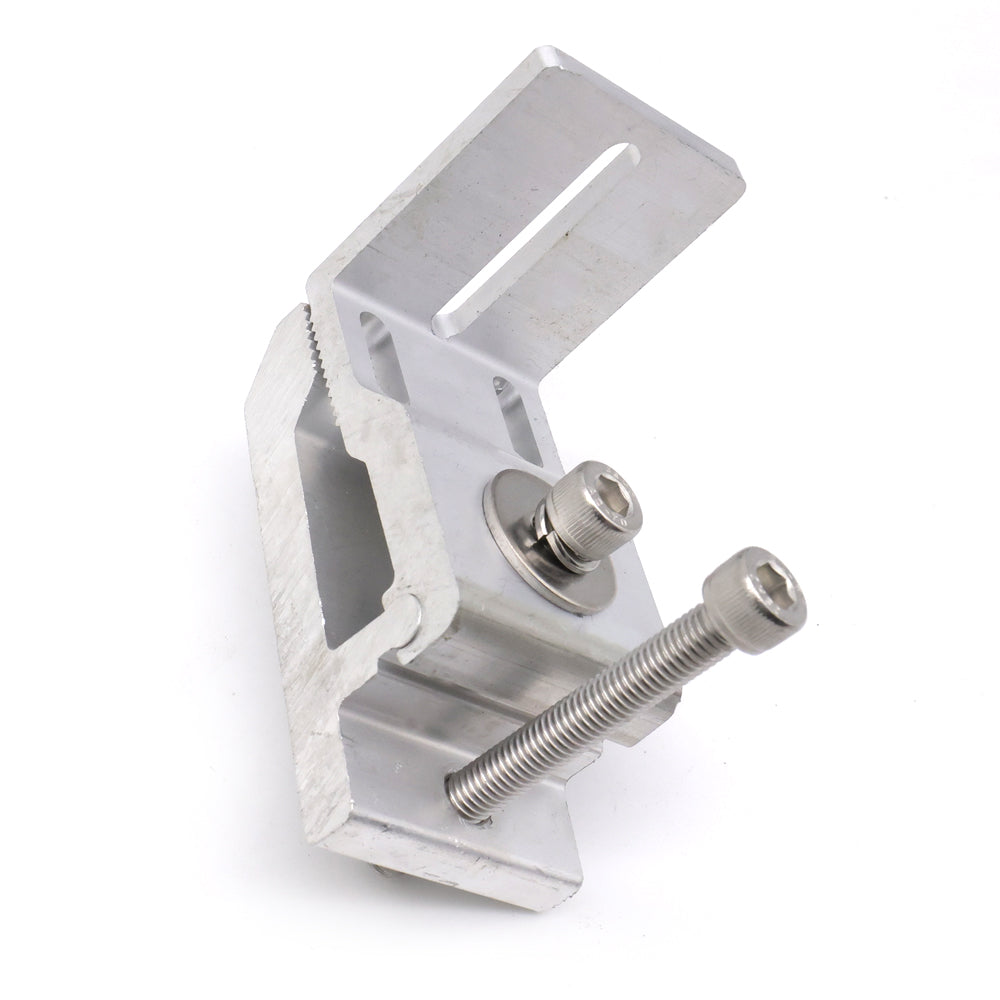 close up view of silver L-clamps, 45 degree view