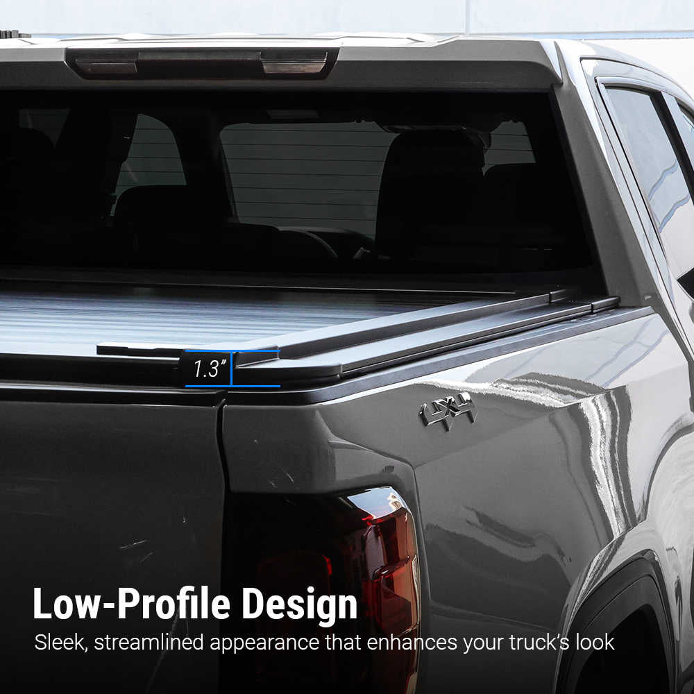 Truck with a low-profile design feature on the rear window, showcasing sleek and streamlined appearance.