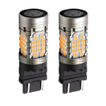 Two 3000K LED turn signal bulbs with a non-polarity design, featuring a built-in fan and decoder.