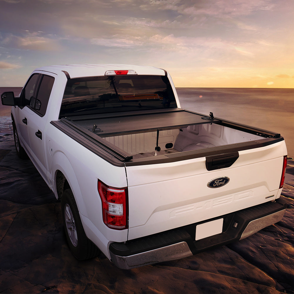 syneticusa mb retractable tonneau cover installed with tailgate half way opened