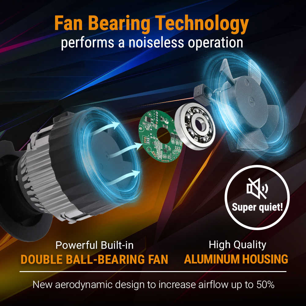 Fan bearing technology with components and text highlighting features on a dark background