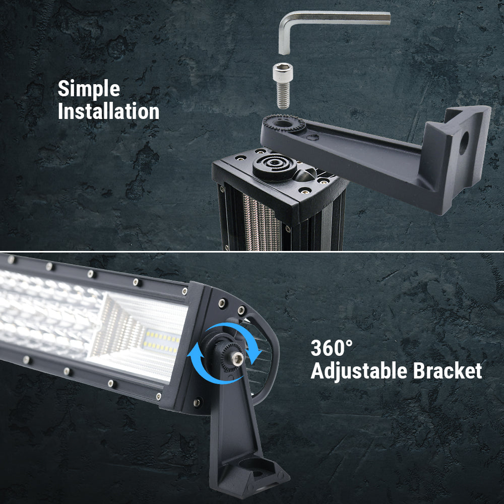 close up look of triple row white led light bar syneticusa brand, simple installatioin, adjustable bracket