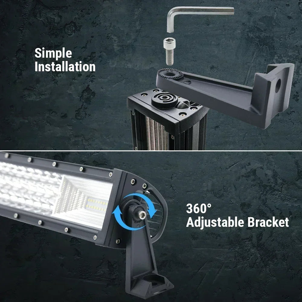 close up look of triple row white led light bar syneticusa brand, simple installatioin, adjustable bracket