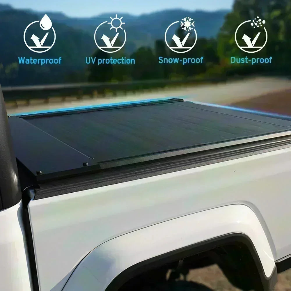 showing the retractable tonneau cover is waterproof, uv protection, snow-proof, and dust-proof