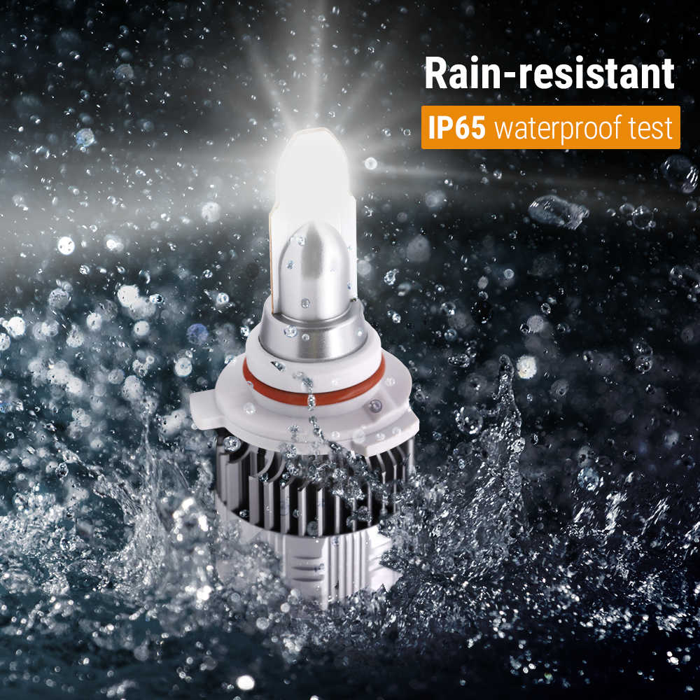Car headlight bulb with water splashes and 'Rain-resistant IP65 waterproof test' text on a dark background