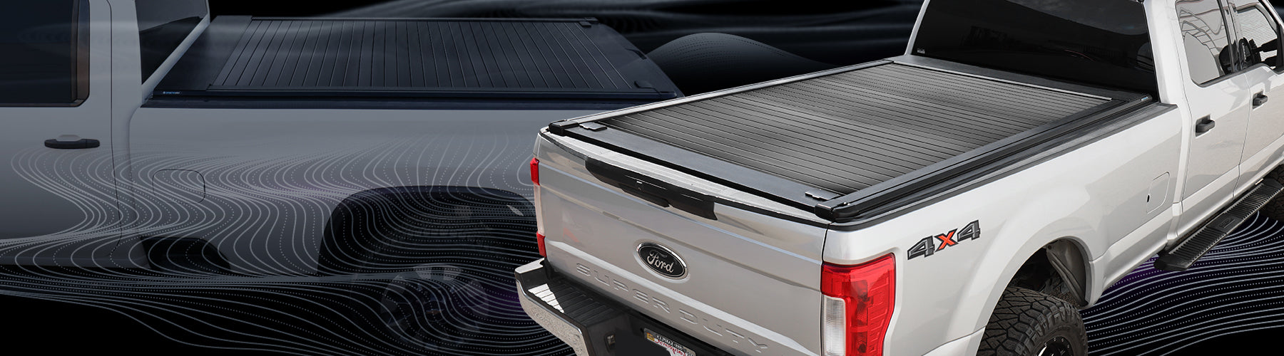 8ft bed Truck bed with a syneticusa tonneau cover on a white truck