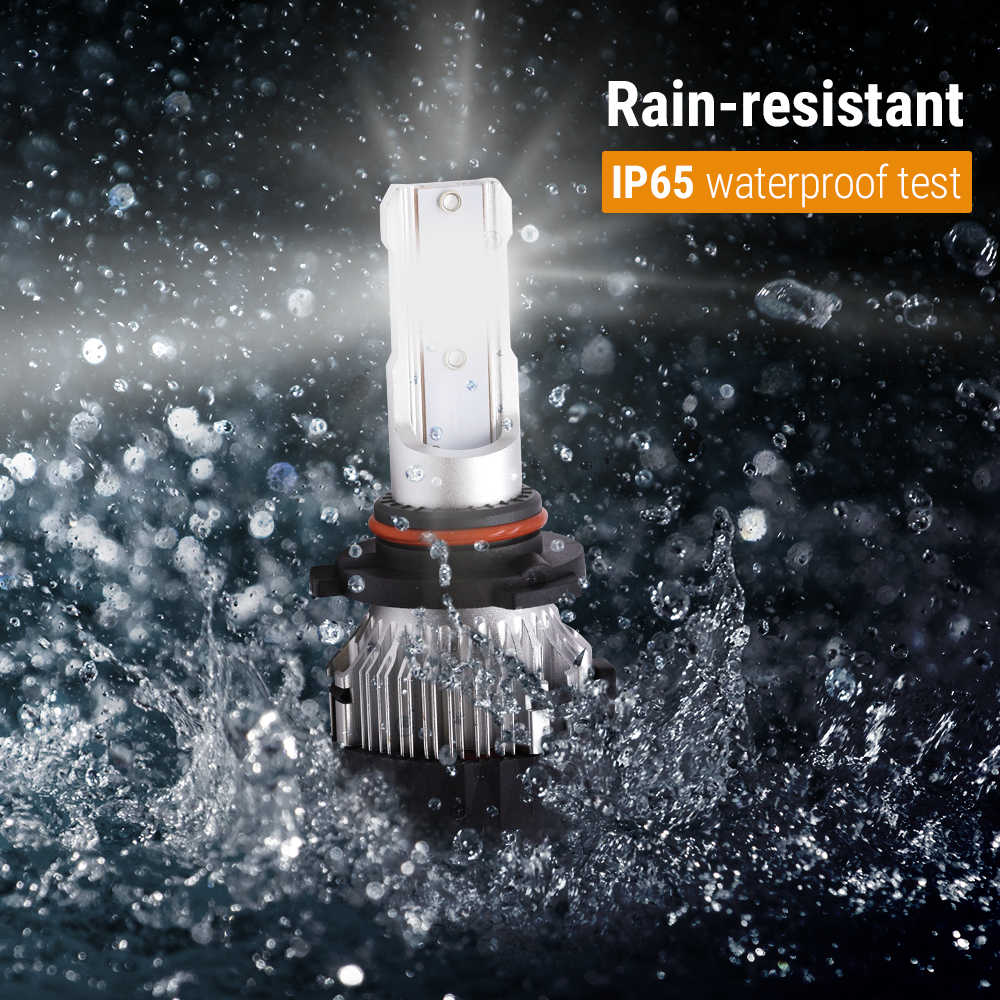 Car headlight bulb with water splashes and 'Rain-resistant IP65 waterproof test' text.