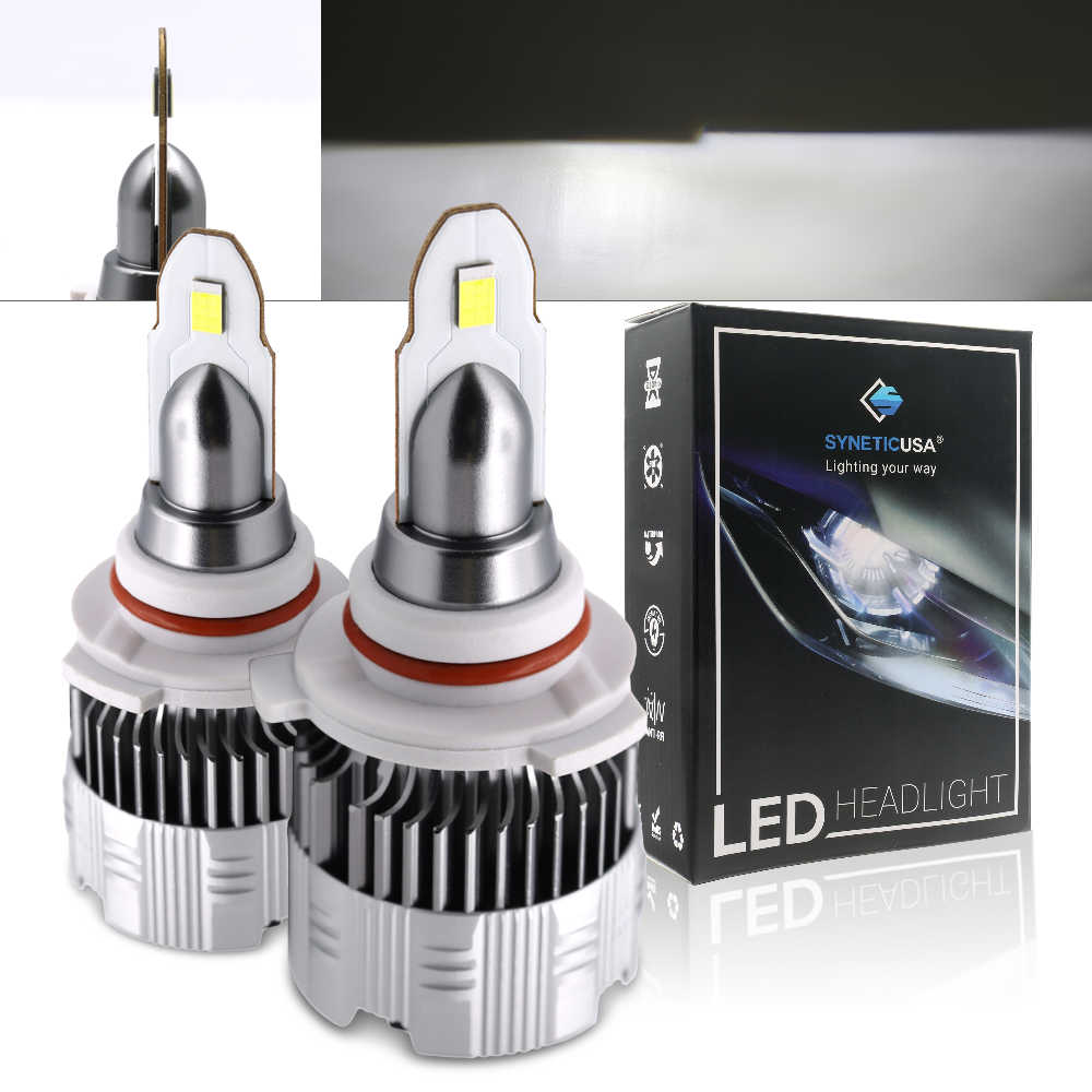 Two LED headlight bulbs with a SyneticUSA packaging box in the background.