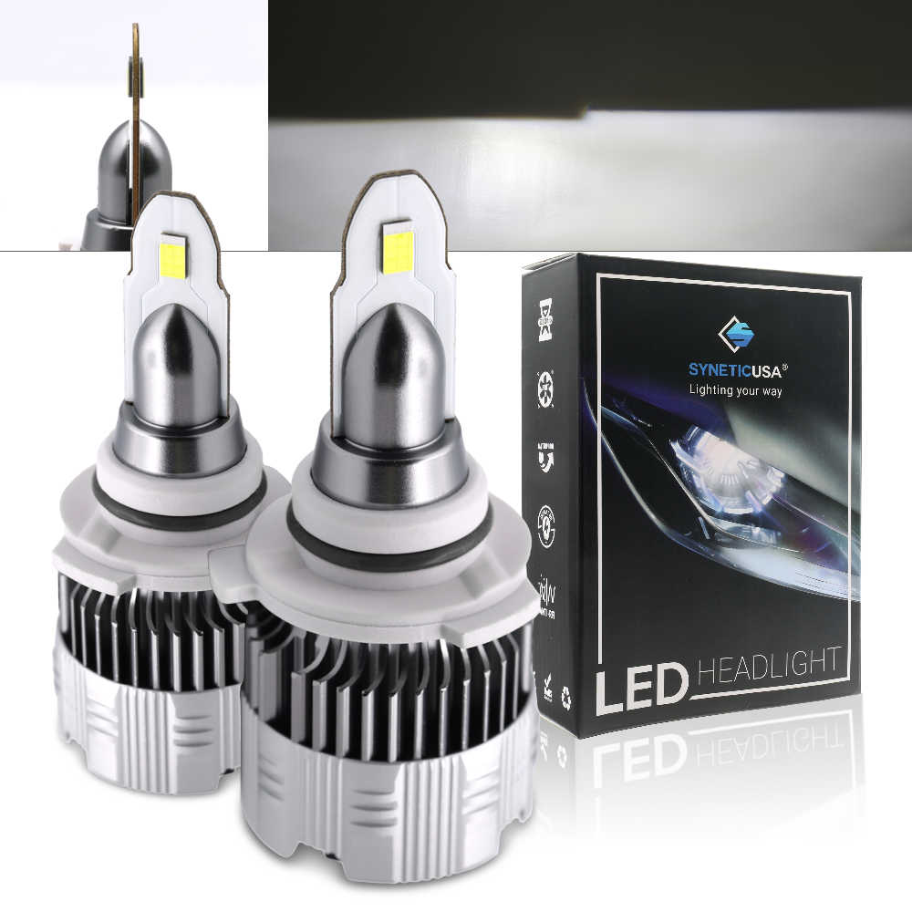 Two LED headlight bulbs with their packaging on a white background