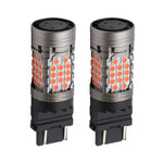Two red LED brake reverse turn signal bulbs with aluminum housing, designed for use in various vehicle lights.