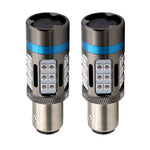 Two red LED strobe light bulbs with an aluminum body, designed for use in vehicle lighting systems.