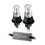 Two LED bulb assemblies for front turn signal lights with a black base and clear lens, branded by Syneticusa.