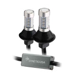 Two high power LED light bulbs with built-in-resistor, wire leads, and connectors for vehicle lighting, branded Syneticusa.