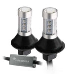 Two high power LED light bulbs with built-in-resistor, wire leads, and connectors for vehicle lighting, branded Syneticusa.