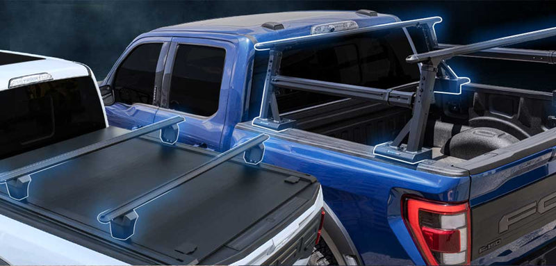 Two trucks with tonneau covers and SYNETICUSA Universal Ladder rack on a dark background