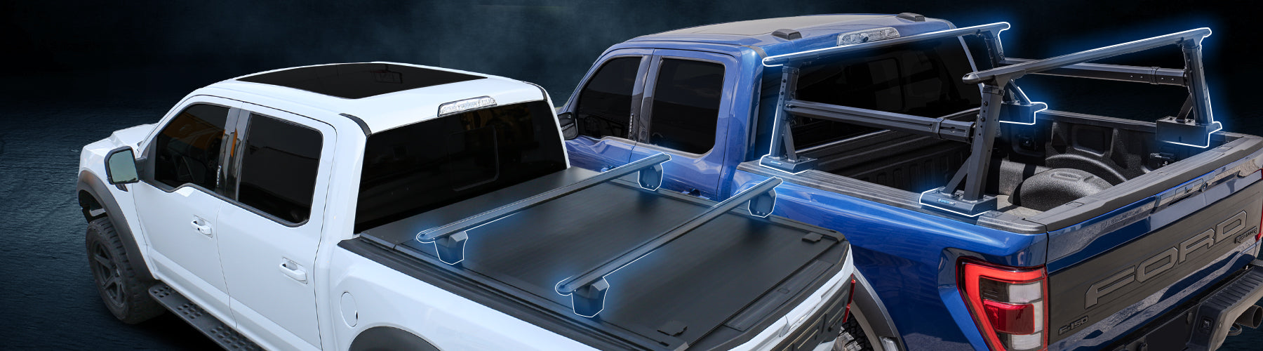 Two trucks with tonneau covers and SYNETICUSA Universal Ladder rack on a dark background