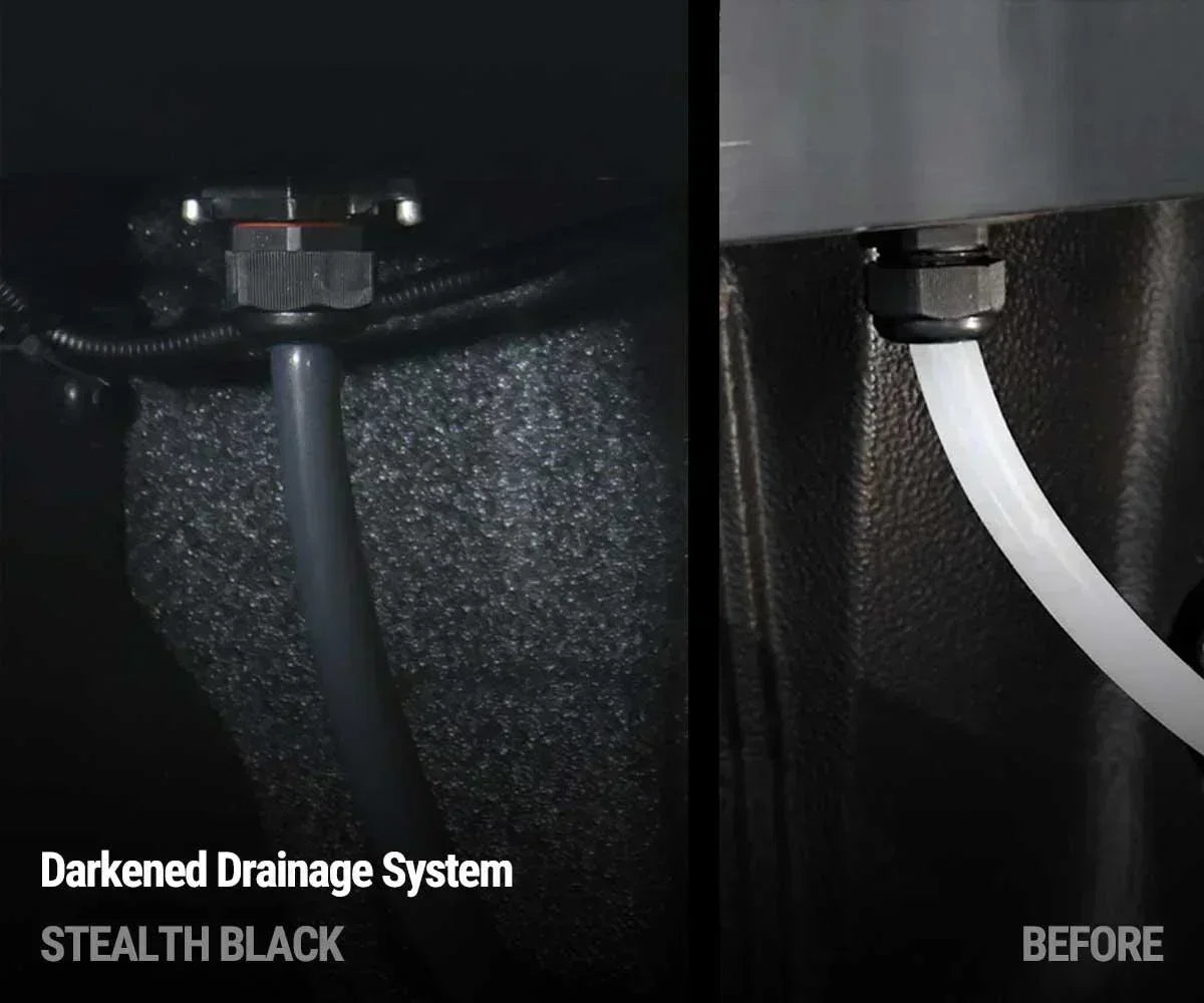 the difference between canister's dark grey drain tube and white drain tube for stealth black series