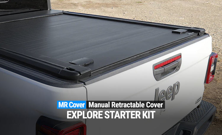 White Jeep truck with MR Cover Manual Retractable Cover on a dirt road