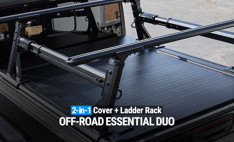 2-in-1 cover and ladder rack system on a vehicle bed with text 'OFF-ROAD ESSENTIAL DUO'.