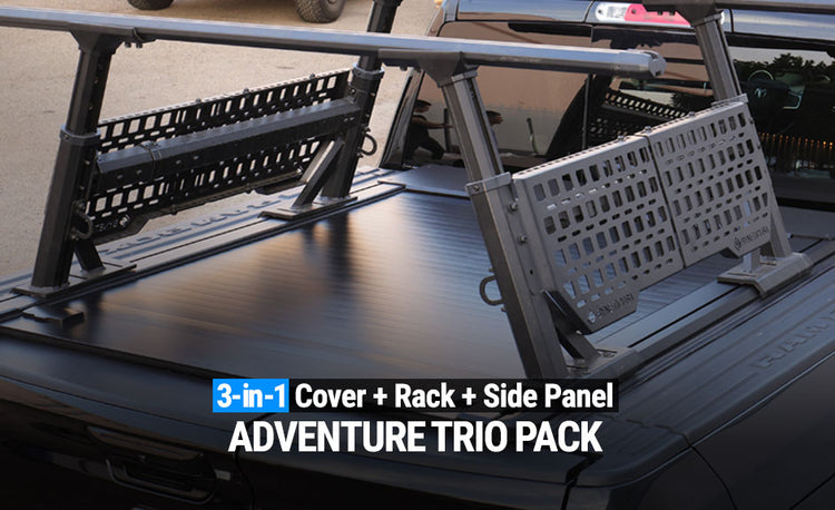 3-in-1 cover, rack, and side panel system on a vehicle roof with text 'ADVENTURE TRIO PACK'.