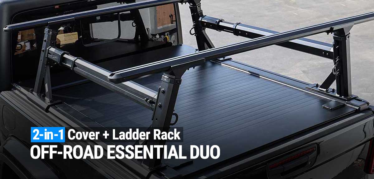 2-in-1 cover and ladder rack system on a vehicle bed with text '2-in-1 Cover + Ladder Rack OFF-ROAD ESSENTIAL DUO'.