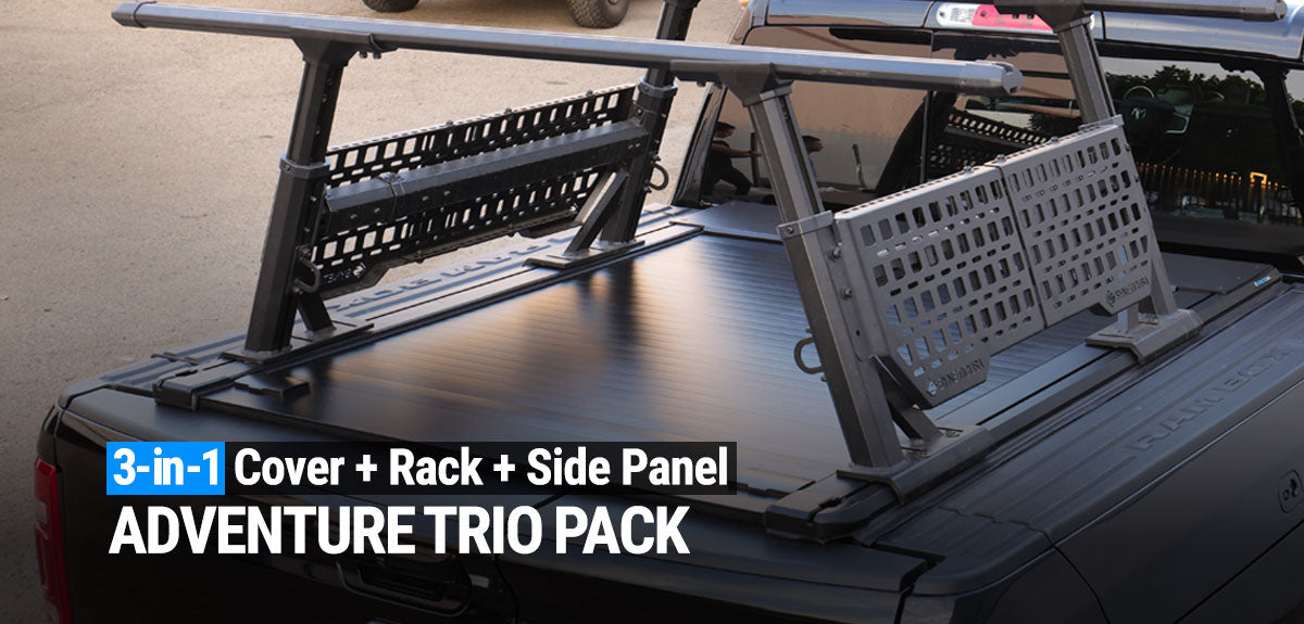 Car roof rack system with cover and side panel on a vehicle, featuring text '3-in-1 Cover + Rack + Side Panel ADVENTURE TRIO PACK'.
