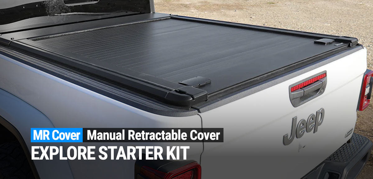 Jeep truck bed with MR Cover manual retractable cover and 'Explore Starter Kit' text.